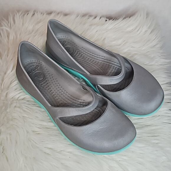 CROCS Duet Sport Mary Jane Flats Grey and Aqua - Picture 1 of 6